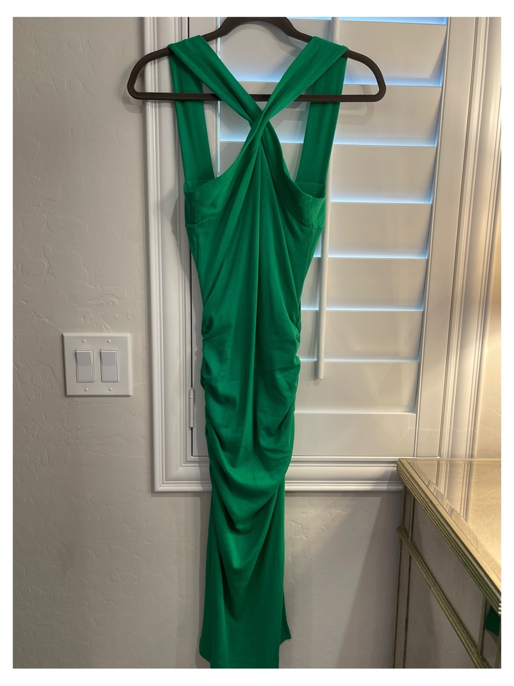Michael Stars Vibrant Emerald Green Ruched Cross-Back Maxi Dress